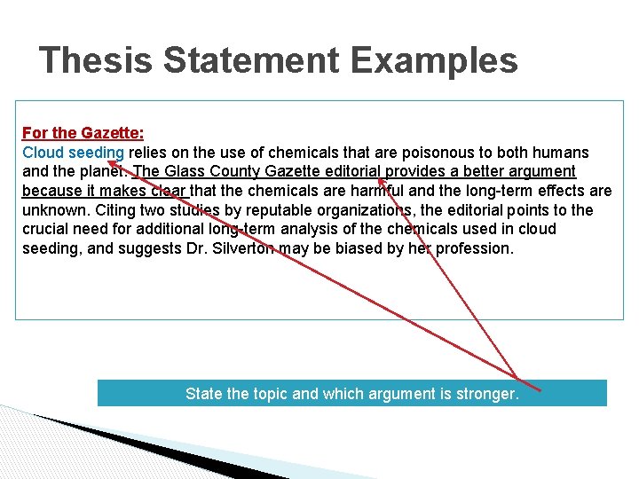 Thesis Statement Examples For the Gazette: Cloud seeding relies on the use of chemicals