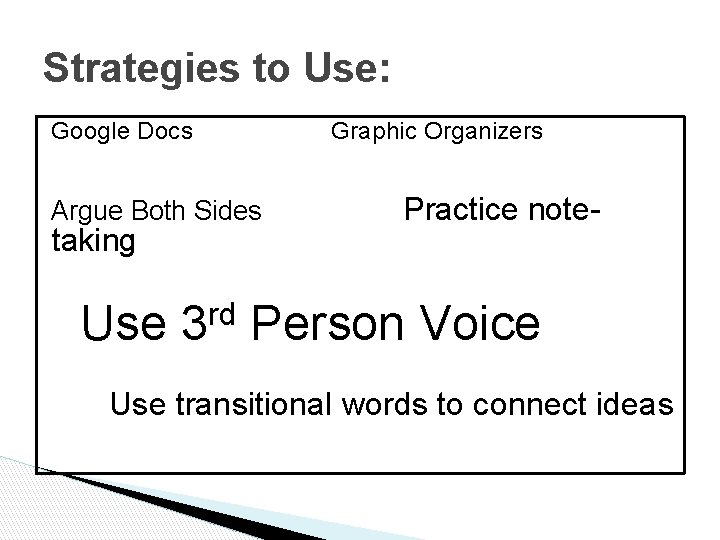 Strategies to Use: Google Docs Argue Both Sides taking Graphic Organizers Practice note- Use