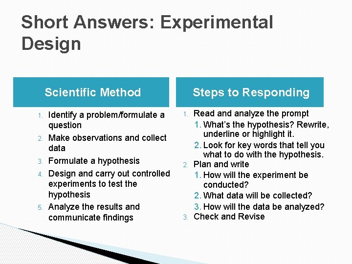 Short Answers: Experimental Design Scientific Method 1. 2. 3. 4. 5. Identify a problem/formulate