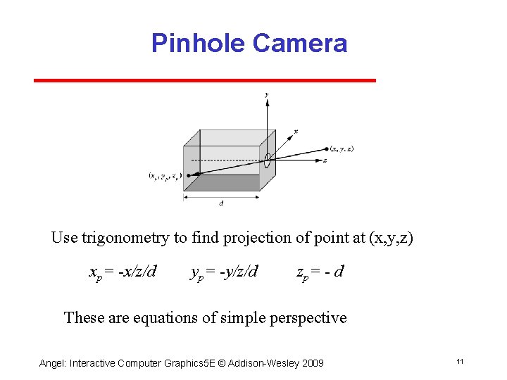 Pinhole Camera Use trigonometry to find projection of point at (x, y, z) xp= Pinhole Camera Use trigonometry to find projection of point at (x, y, z) xp=