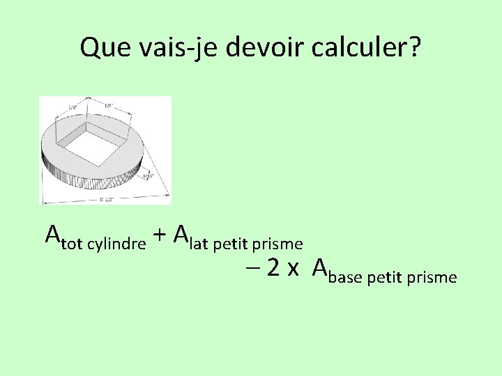 Que vais-je devoir calculer? Atot cylindre + Alat petit prisme – 2 x Abase