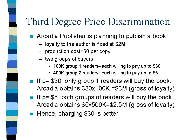 Third Degree Price Discrimination n Arcadia Publisher is planning to publish a book. –