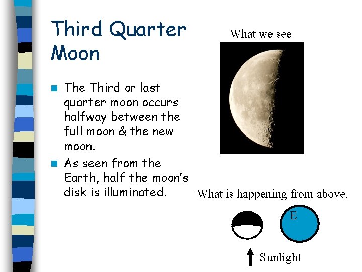 Third Quarter Moon What we see Third or last quarter moon occurs halfway between