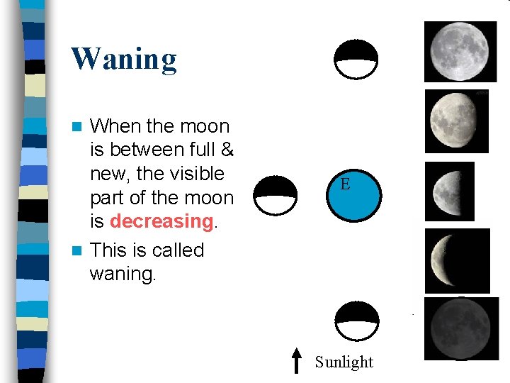 Waning When the moon is between full & new, the visible part of the