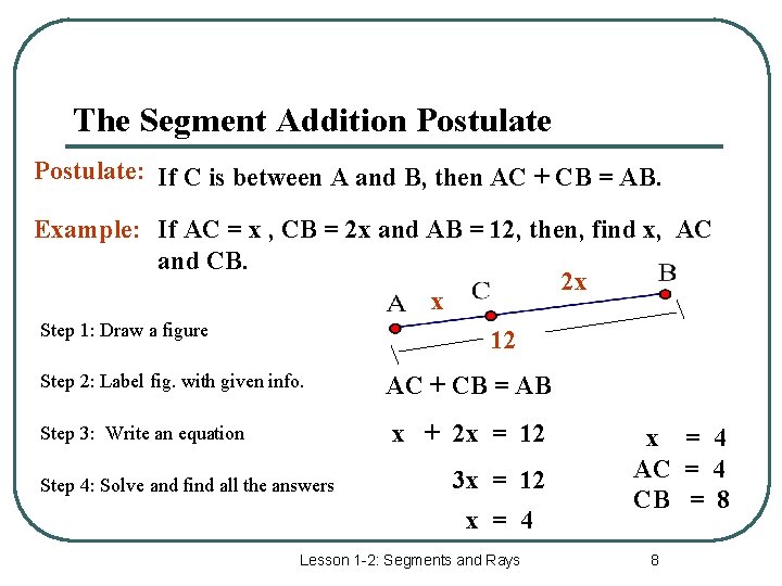 The Segment Addition Postulate: If C is between A and B, then AC +
