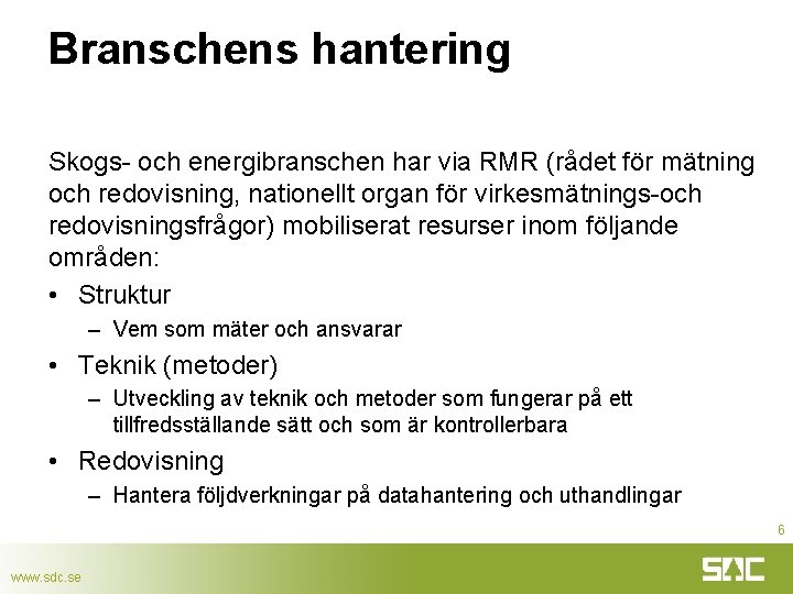 Branschens hantering Skogs- och energibranschen har via RMR (rådet för mätning och redovisning, nationellt