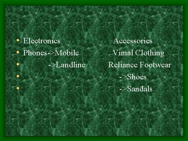  • Electronics • Phones->Mobile • ->Landline • • Accessories Vimal Clothing Reliance Footwear