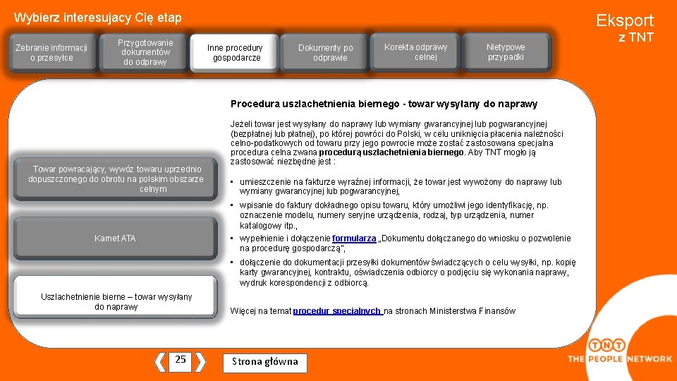 Wybierz interesujacy Cię etap Zebranie informacjiji o przesyłce Przygotowanie dokumentów do odprawy Eksport Inne
