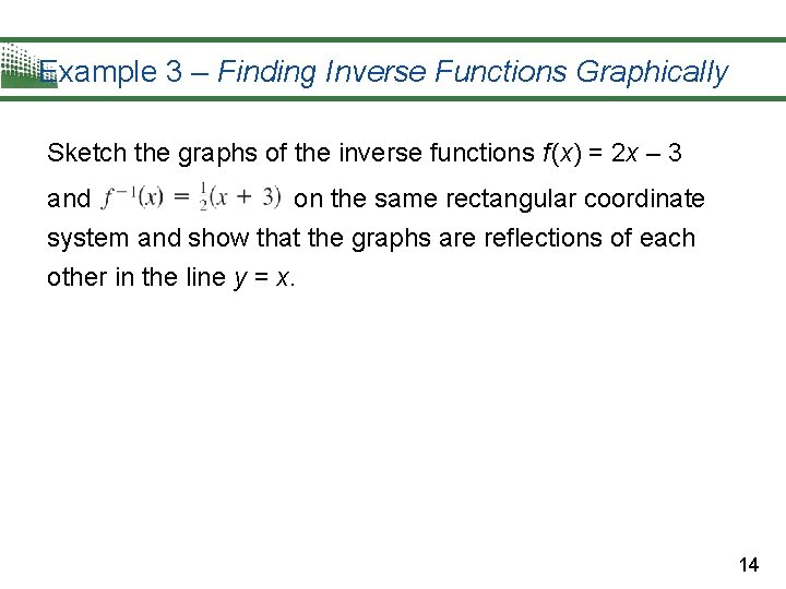 Example 3 – Finding Inverse Functions Graphically Sketch the graphs of the inverse functions