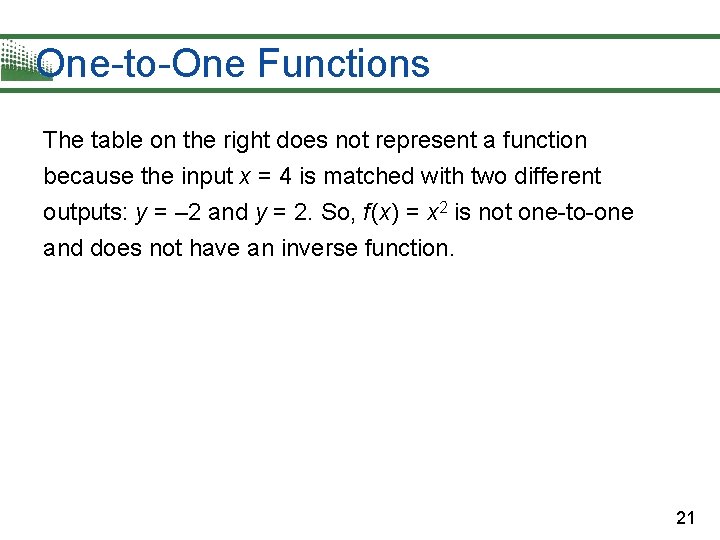 One-to-One Functions The table on the right does not represent a function because the