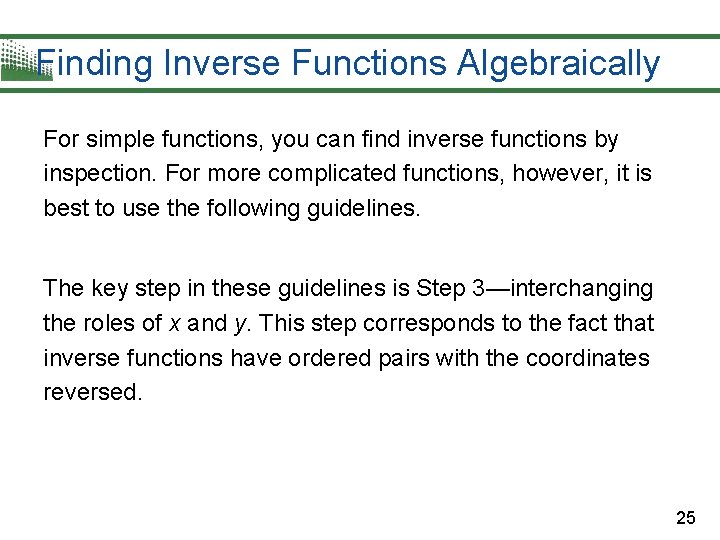 Finding Inverse Functions Algebraically For simple functions, you can find inverse functions by inspection.