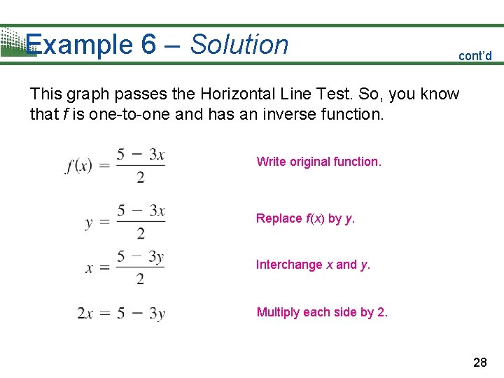 Example 6 – Solution cont’d This graph passes the Horizontal Line Test. So, you