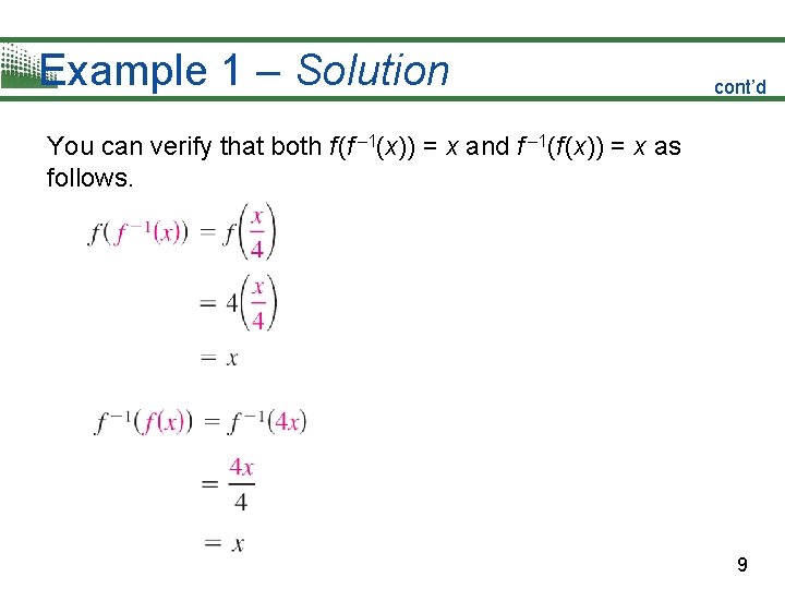 Example 1 – Solution cont’d You can verify that both f (f – 1(x))
