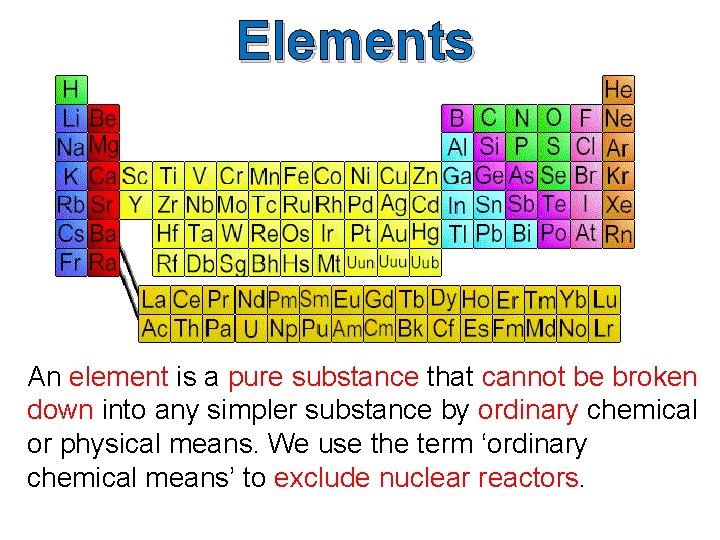 Elements An element is a pure substance that cannot be broken down into any