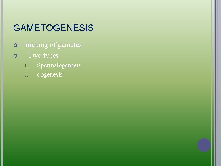 GAMETOGENESIS = making of gametes Two types: 1. 2. Spermatogenesis oogenesis 
