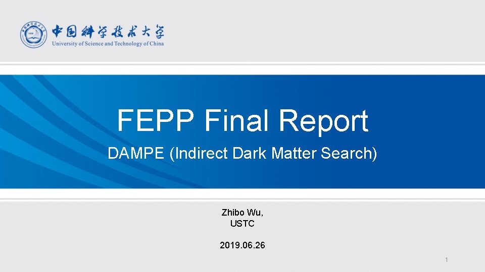 FEPP Final Report DAMPE (Indirect Dark Matter Search) Zhibo Wu, USTC 2019. 06. 26