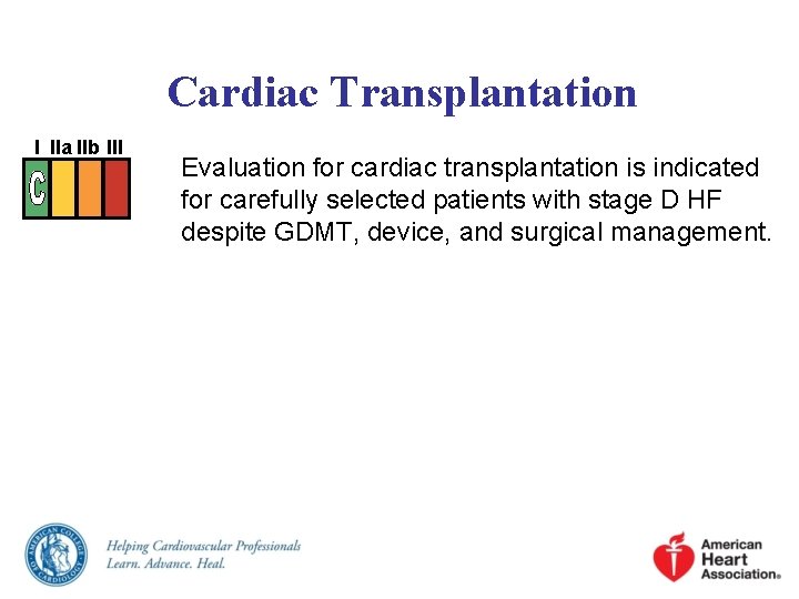 Cardiac Transplantation I IIa IIb III Evaluation for cardiac transplantation is indicated for carefully