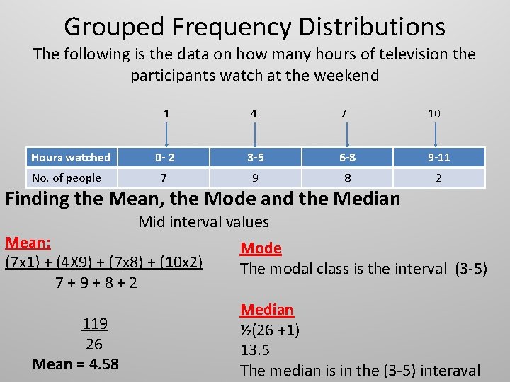 Grouped Frequency Distributions The following is the data on how many hours of television