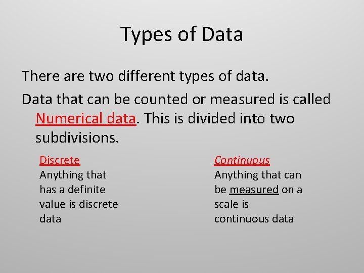 Types of Data There are two different types of data. Data that can be