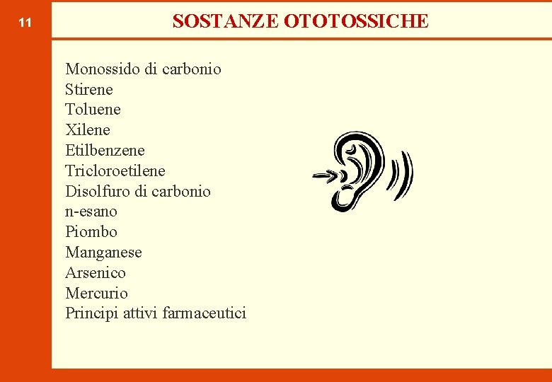 11 SOSTANZE OTOTOSSICHE Monossido di carbonio Stirene Toluene Xilene Etilbenzene Tricloroetilene Disolfuro di carbonio