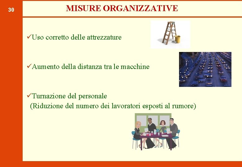 30 MISURE ORGANIZZATIVE üUso corretto delle attrezzature üAumento della distanza tra le macchine üTurnazione