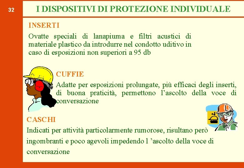 32 I DISPOSITIVI DI PROTEZIONE INDIVIDUALE INSERTI Ovatte speciali di lanapiuma e filtri acustici