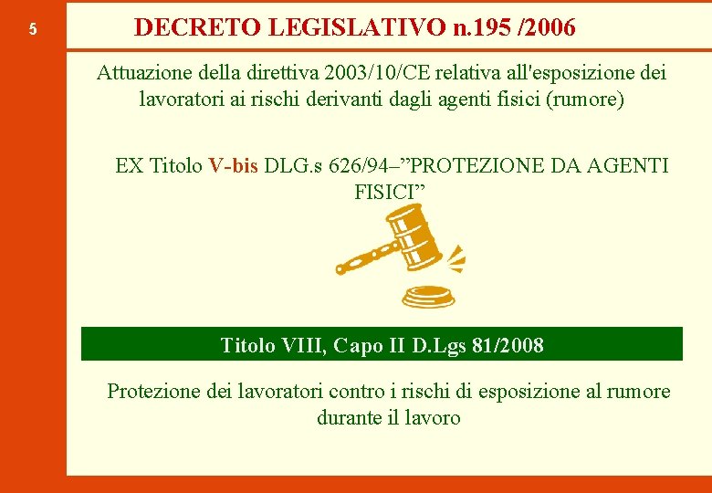 5 DECRETO LEGISLATIVO n. 195 /2006 Attuazione della direttiva 2003/10/CE relativa all'esposizione dei lavoratori