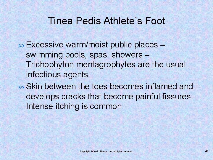 Tinea Pedis Athlete’s Foot Excessive warm/moist public places – swimming pools, spas, showers –