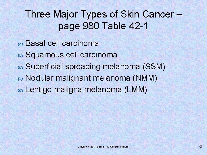 Three Major Types of Skin Cancer – page 980 Table 42 -1 Basal cell