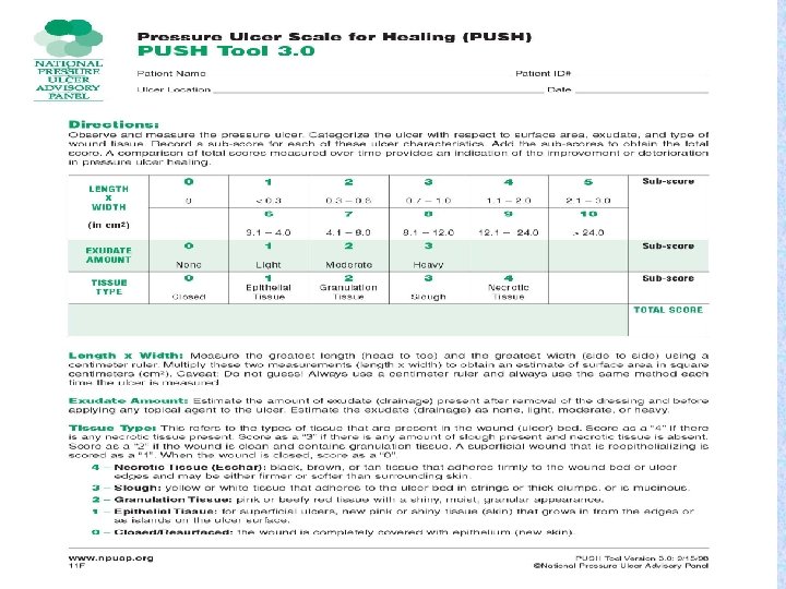 Documentation and Pressure Ulcer Scale for Healing (PUSH) tool 78 