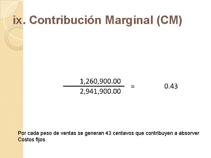 ix. Contribución Marginal (CM) Por cada peso de ventas se generan 43 centavos que