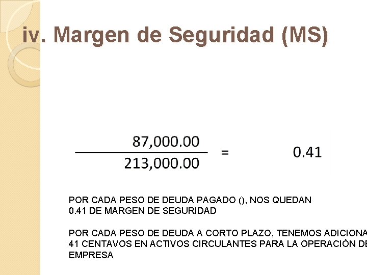 iv. Margen de Seguridad (MS) POR CADA PESO DE DEUDA PAGADO (), NOS QUEDAN