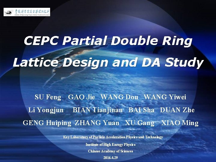 LOGO CEPC Partial Double Ring Lattice Design and DA Study SU Feng GAO Jie