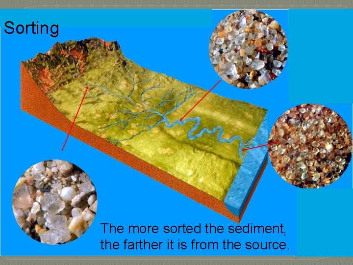 Sorting The more sorted the sediment, the farther it is from the source. 