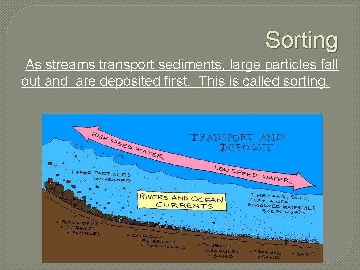 Sorting As streams transport sediments, large particles fall out and are deposited first. This