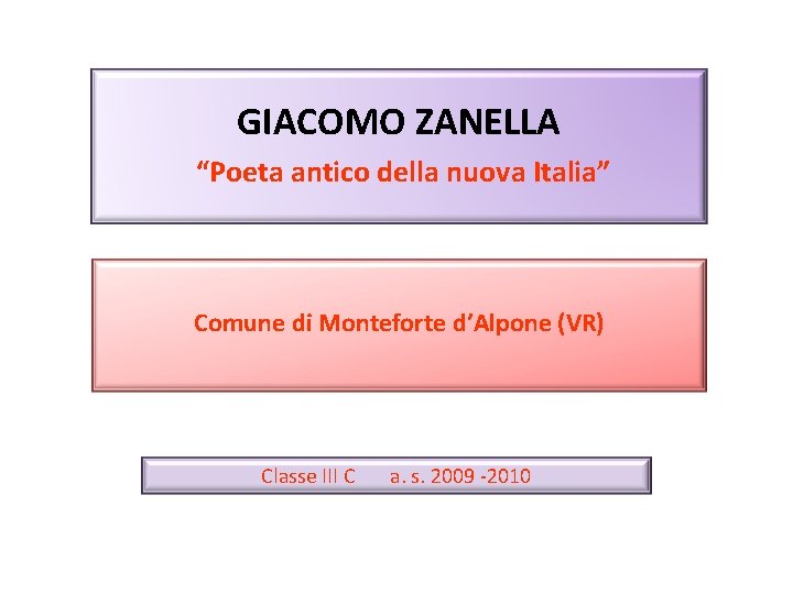 GIACOMO ZANELLA “Poeta antico della nuova Italia” Comune di Monteforte d’Alpone (VR) Classe III