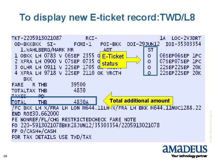 To display new E-ticket record: TWD/L 8 E-Ticket status © 2006 Amadeus IT Group