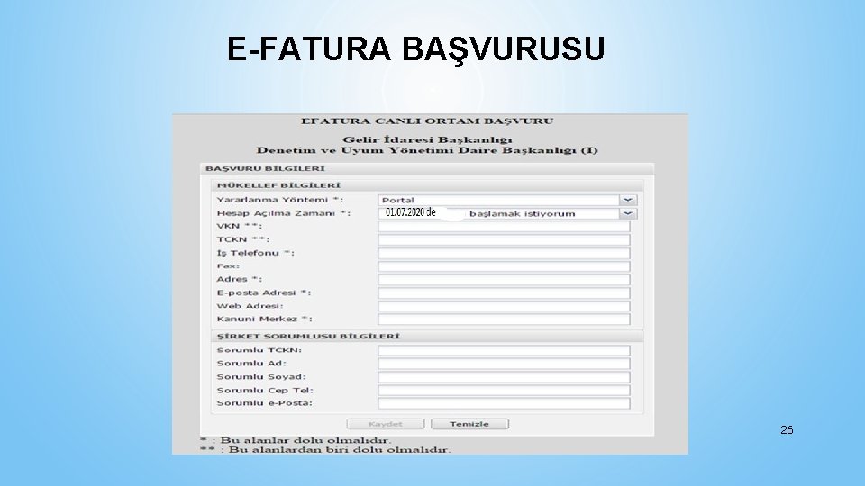 E-FATURA BAŞVURUSU 26 