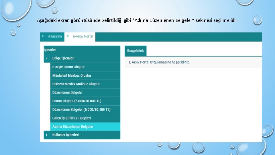 Aşağıdaki ekran görüntüsünde belirtildiği gibi “Adıma Düzenlenen Belgeler” sekmesi seçilmelidir. 