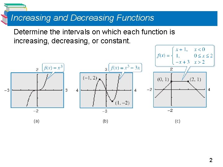 Increasing and Decreasing Functions Determine the intervals on which each function is increasing, decreasing,