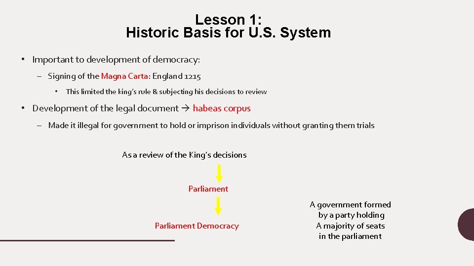 Lesson 1: Historic Basis for U. S. System • Important to development of democracy: