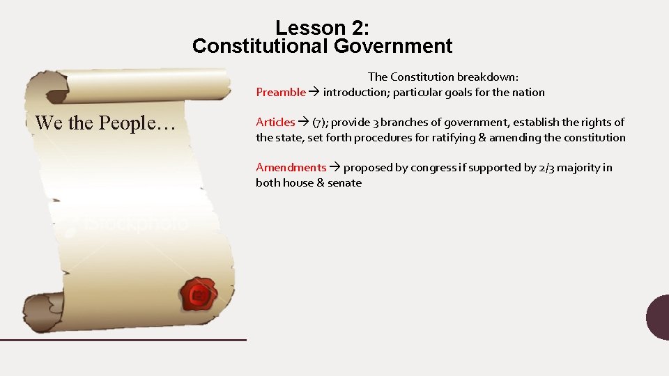 Lesson 2: Constitutional Government The Constitution breakdown: Preamble introduction; particular goals for the nation