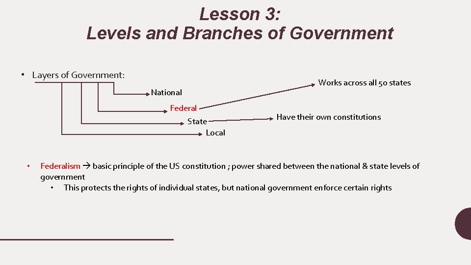 Lesson 3: Levels and Branches of Government • Layers of Government: National Federal State