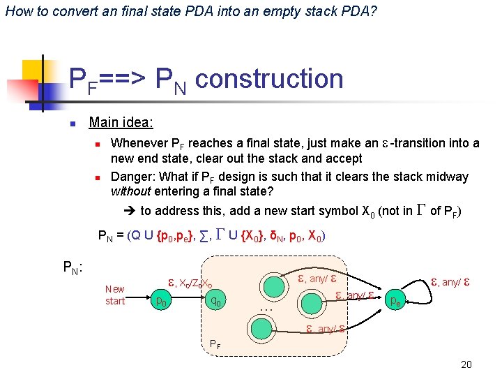 How to convert an final state PDA into an empty stack PDA? PF==> PN