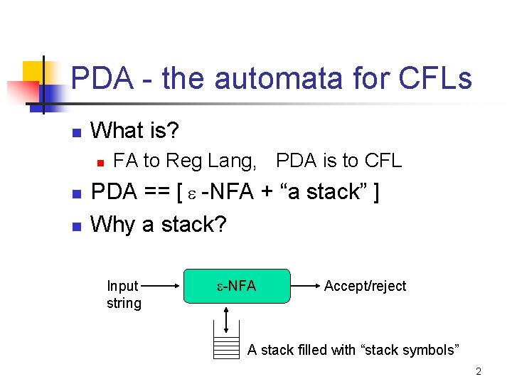 PDA - the automata for CFLs n What is? n n n FA to