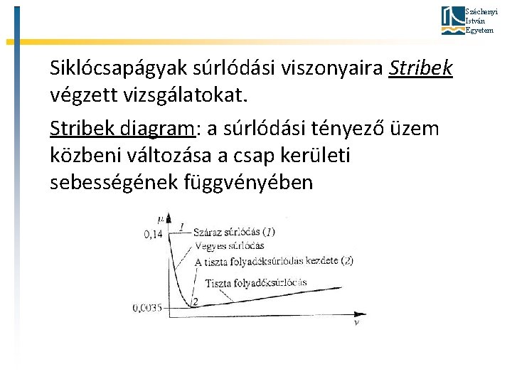Széchenyi István Egyetem Siklócsapágyak súrlódási viszonyaira Stribek végzett vizsgálatokat. Stribek diagram: a súrlódási tényező