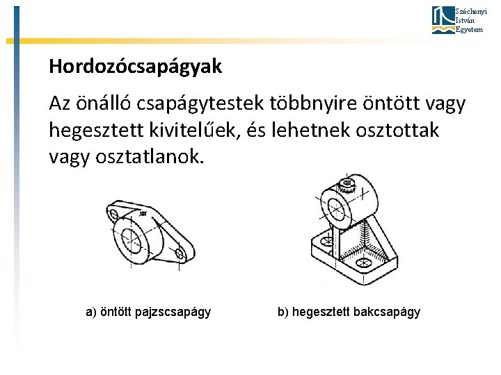 Széchenyi István Egyetem Hordozócsapágyak Az önálló csapágytestek többnyire öntött vagy hegesztett kivitelűek, és lehetnek