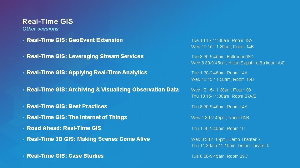 Real-Time GIS Other sessions • Real-Time GIS: Geo. Event Extension Tue 10: 15 -11: