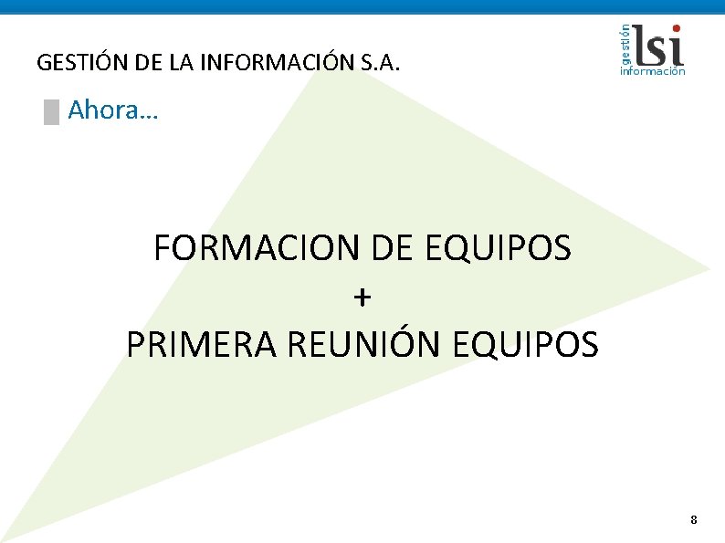 GESTIÓN DE LA INFORMACIÓN S. A. █ Ahora… FORMACION DE EQUIPOS + PRIMERA REUNIÓN