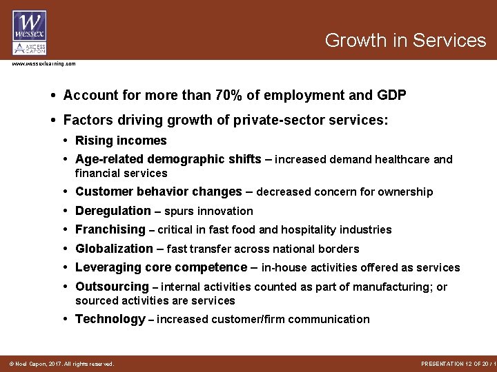 Growth in Services www. wessexlearning. com • Account for more than 70% of employment